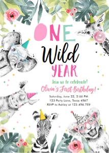Birthday Invitation One Wild Year Party Animals Black White Pink Vertical 0322 design preview