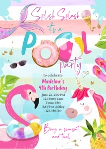 Birthday Invitation Flamingo Unicorn Colored Vertical 0416 design preview