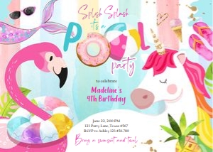 Birthday Invitation Flamingo Unicorn Horizontal Colored 0416: Birthday Invitation Flamingo Unicorn Horizontal Colored 0416
