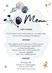 Menu Card Space Planets Balloons Boy White 0366 design preview