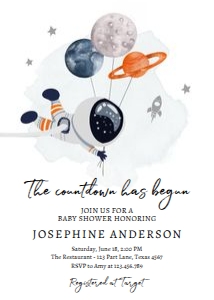 Invitation Space Planets Balloons Boy Baby Shower White Orange 0366 design preview