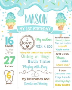 Birthday Milestones Sign Ice Cream Boy Drips Blue Mint Yellow 0243 design preview