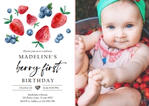 Birthday Invitation Strawberry Blueberry Watercolor Red 0409 - Photo design preview