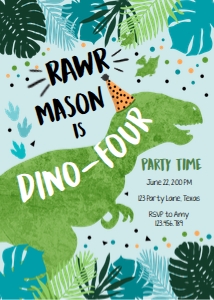 Birthday Invitation Dinosaur T-Rex Dino-Four Vertical Blue Green Blue 0389 design preview
