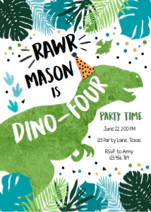 Birthday Invitation Dinosaur T-Rex Dino-Four Vertical Blue Green White 0389 design preview