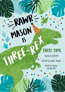 Birthday Invitation Dinosaur T-Rex Three-Rex Vertical Blue Green Blue 0389 design preview
