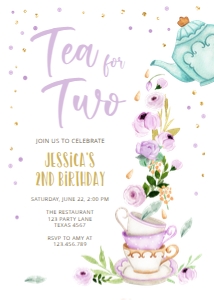 Birthday invitation Tea for Two White Vertical Purple 0349 design preview