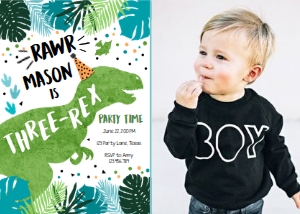 Birthday Invitation Dinosaur T-Rex Three-Rex Vertical Blue Green - Photo 0389 design preview