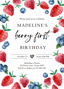 Birthday Invitation Strawberry Blueberry Watercolor Red Round 0409 design preview