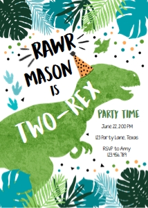 Birthday Invitation Dinosaur T-Rex Two-Rex Vertical Blue Green White 0389 design preview