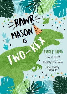 Birthday Invitation Dinosaur T-Rex Two-Rex Vertical Blue Green Blue 0389 design preview