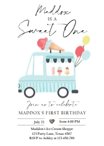 Birthday Invitation Ice Cream Truck Simple Blue Sweet One 0415 design preview
