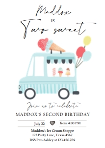 Birthday Invitation Ice Cream Truck Simple Blue Two Sweet 0415 design preview