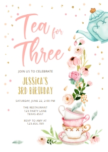 Birthday invitation Tea for Three White Vertical 0349 design preview