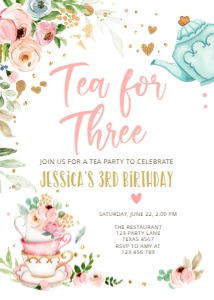Birthday invitation Tea for Three White Vertical V3 design preview