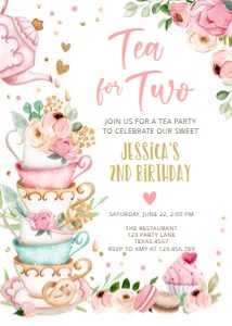 Birthday invitation Tea for Two Vertical White V4 0349 design preview