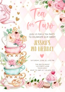 Birthday invitation Tea for Two Vertical Pink V4 0349 design preview