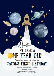 Invitation Space Planets Space Ship Houston One Year Boy Dark 0357 design preview