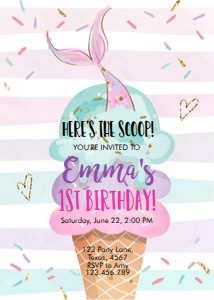 Birthday Invitation Ice Cream White Pink Purple Mermaid 0243 design preview