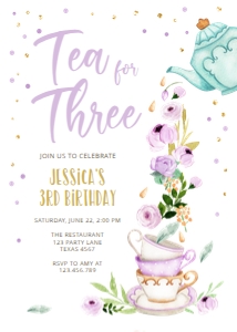 Birthday invitation Tea for Three White Vertical Purple 0349 design preview