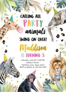 Birthday Invitation Party Animals Vertical 0417 design preview