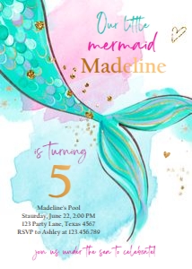 Birthday Invitation Mermaid Tail Watercolor Little Mermaid Green 0403 design preview