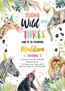 Birthday Invitation Party Animals Vertical Young Wild and Three 0417: Birthday Invitation Party Animals Vertical Young Wild and Three 0417
