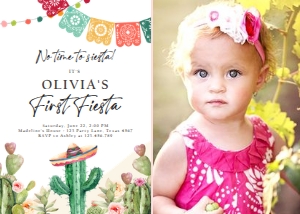 Birthday Invitation First Fiesta Cactus Watercolor 0404 - With Photo: Birthday Invitation First Fiesta Cactus Watercolor 0404 - With Photo