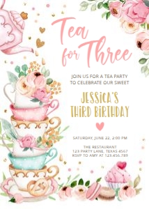 Birthday invitation Tea for Three Vertical White V4 0349 design preview