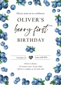 Birthday Invitation Blueberry Watercolor Berry First Round 0399 design preview