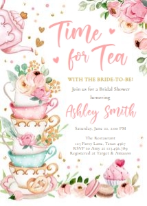Bridal Shower Invitation Time For Tea Vertical White V4 0349 design preview