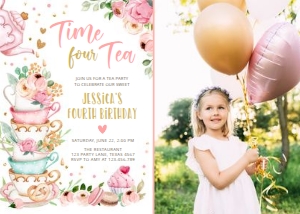 Birthday invitation Time Four Tea Vertical White V4 Photo 0349 design preview
