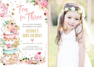 Birthday invitation Tea for Three Vertical White V4 Photo 0349 design preview