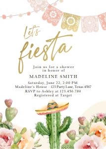 Shower Invitation Let's Fiesta Cactus Watercolor Pastel 0419 design preview