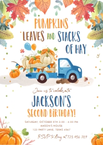 Birthday Invitation Pumpkin Truck Leaves Blue 0153 design preview