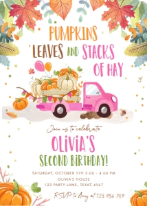 Birthday Invitation Pumpkin Truck Leaves Pink 0153 design preview