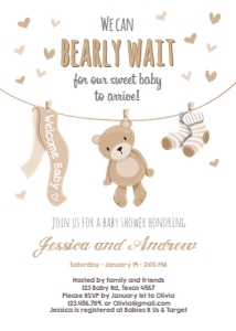 Baby Shower Invitation Teddy Bear White Brown Bearly Wait 0025 design preview