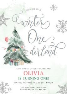 Birthday Invitation Winter Onederland Tree Neutral 0363 design preview