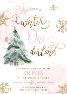 Birthday Invitation Winter Onederland Tree Pink Gold 0363 design preview