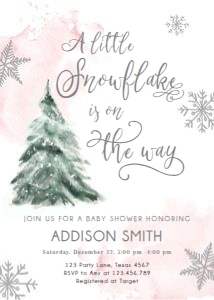 Baby Shower Invitation Winter Tree Watercolor Snowflake on the Way Pink 0363 design preview