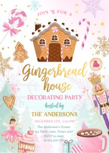 Invitation Gingerbread House Decorating Party Pink Gold 0352 design preview