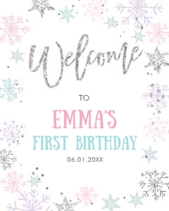 Welcome Sign Birthday Winter Onederland Snowflakes Girl Pink Silver White 0256 design preview