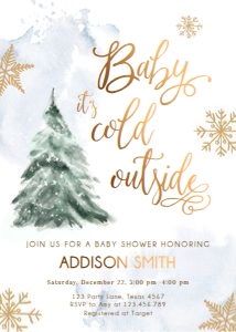 Baby Shower Invitation Baby Its Cold Outside Tree Blue Gold 0363 design preview