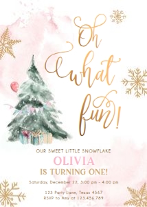 Birthday Invitation Winter Tree Oh What Fun Pink Gold 0363 design preview