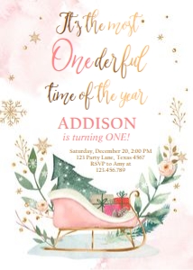 Birthday invitation Most Onederful time of the Year Sleigh Pink 0353 design preview