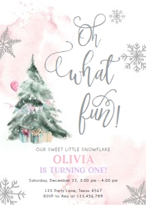 Birthday Invitation Winter Tree Oh What Fun Pink Silver 0363 design preview