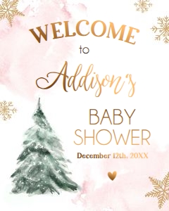 Welcome Sign Winter Tree Baby Shower Watercolor Pink Gold 0363 design preview