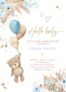 Bear Hello Baby Invitation Blue 0421 design preview
