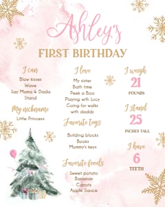 Birthday Milestone Sign Winter Tree Watercolor Pink Gold 0363 design preview