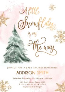 Baby Shower Invitation Winter Tree Watercolor Snowflake on the Way Pink Gold 0363 design preview